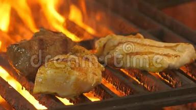 两个鸡肉片和一片小牛肉或牛肉在烤架上烤火，餐厅美食